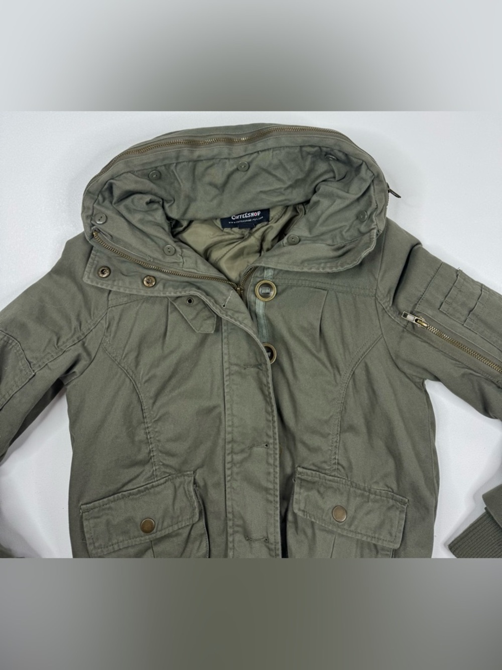 CoffeeShop Vintage Wash Utility Crop Bomber Roll Hood Jacket Womens XS - Picture 12 of 13